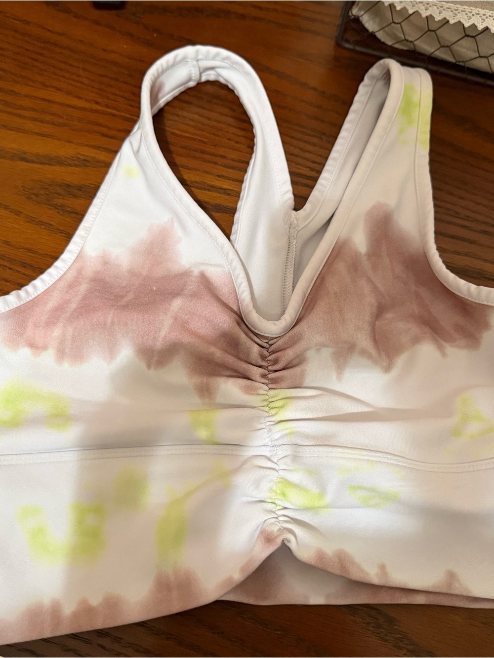 Women's White Tie-Dye Sports Bra with Pink and Yellow Accents